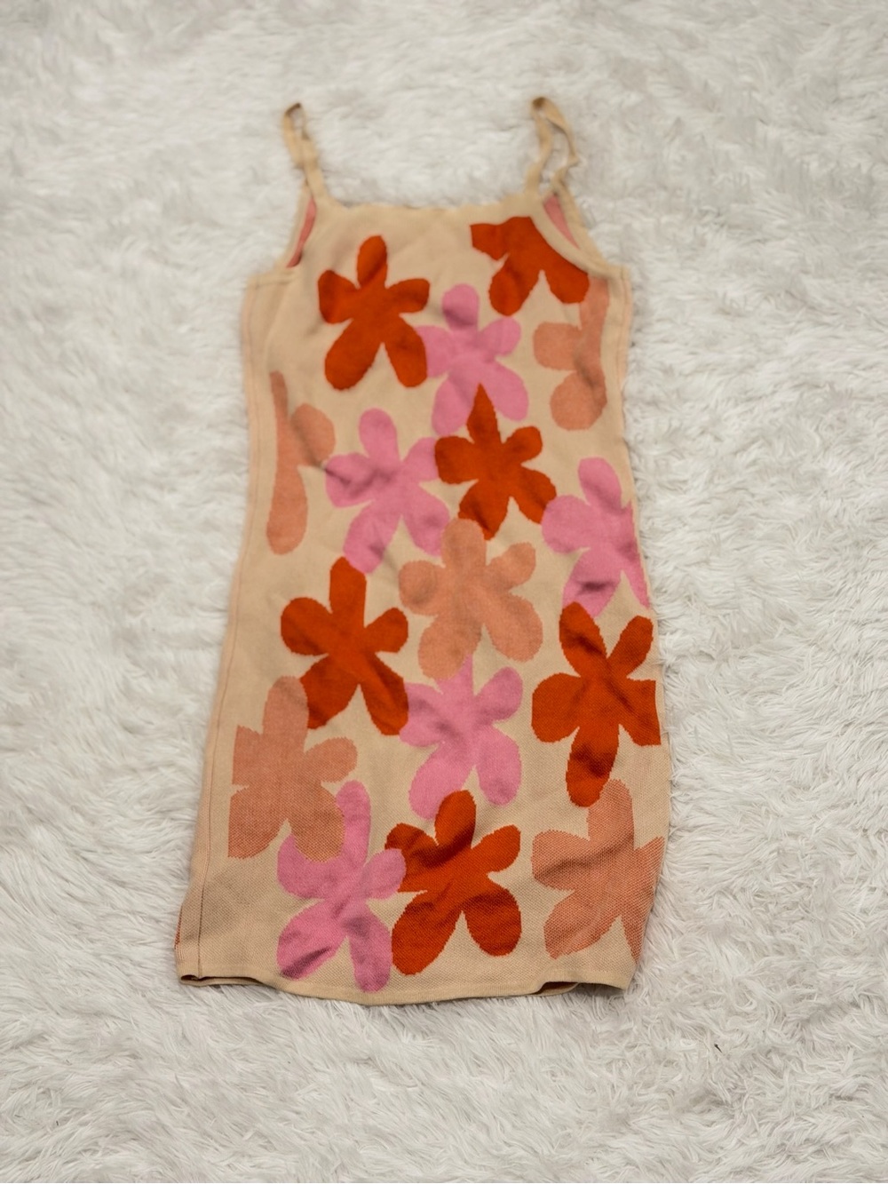 Girls Beige Floral Knit Slip Dress with Pink & Orange Flowers
